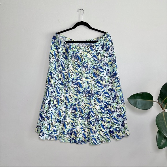 JM Collection Skirt 16 Petite Blue Green Yellow Floral Linen Midi - Picture 4 of 6